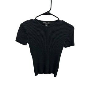 Kasper & Co. Petite Short Sleeve Ribbed Top Solid Black Sz Small Contemporary